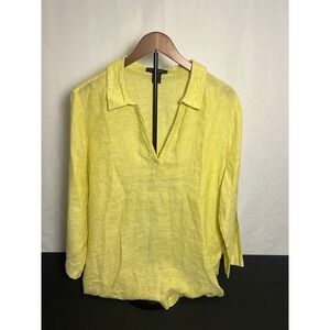 Tahari Womens XL Yellow 100% Linen V-Neck 3/4 Sleeve Tunic Blouse Top